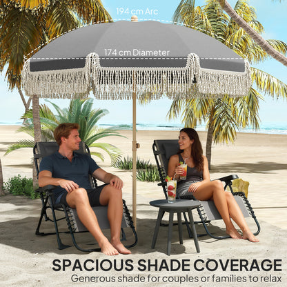 1.7 m Beach Umbrella with Sand Anchor, 30° Tilting Fringed Beach Garden Parasol with Adjustable Height, Grey