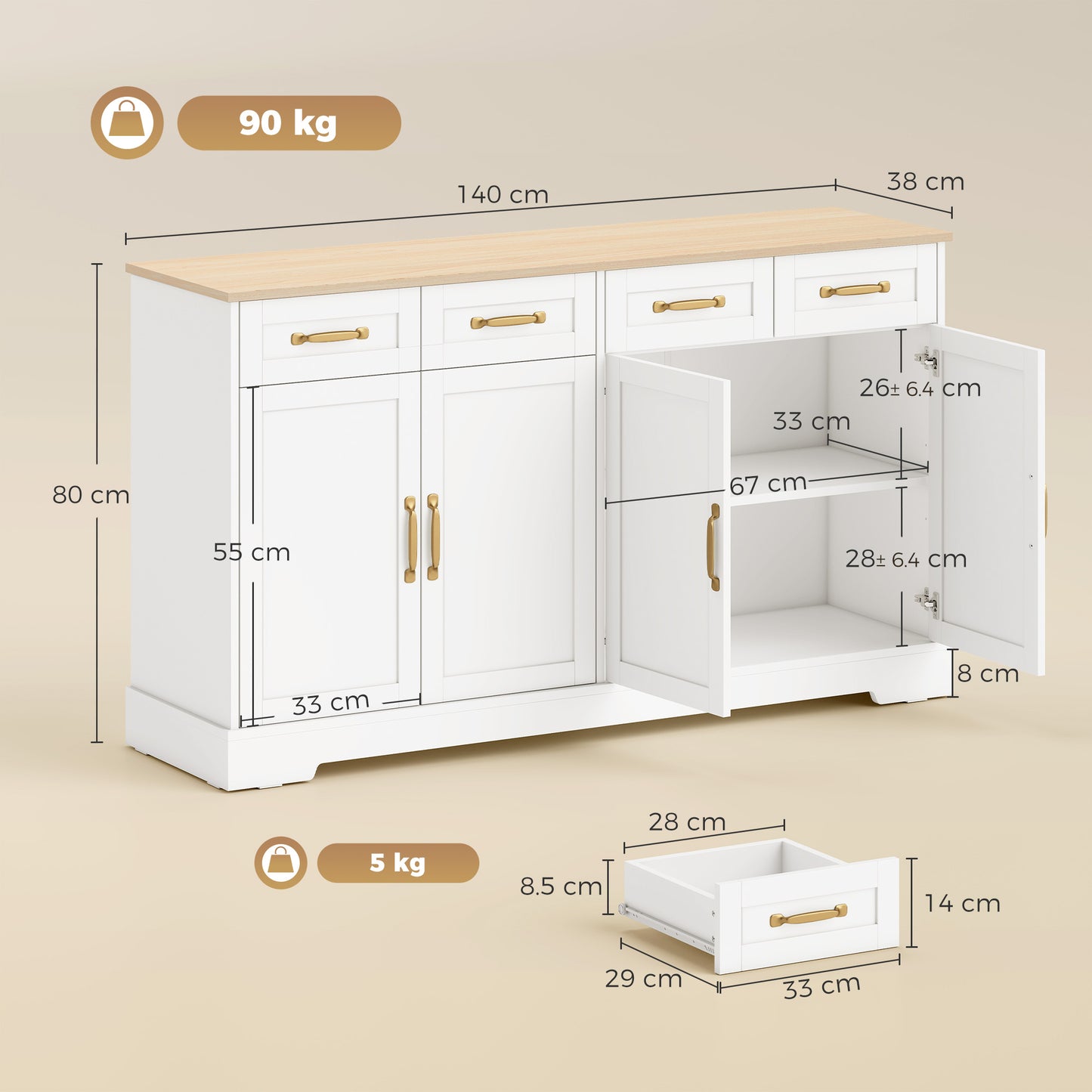 Sideboard Buffet Cabinet, 140 cm Kitchen Storage Cabinet with 4 Drawers, 4 Doors and 2 Adjustable Shelves, White