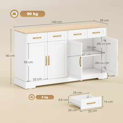 Sideboard Buffet Cabinet, 140 cm Kitchen Storage Cabinet with 4 Drawers, 4 Doors and 2 Adjustable Shelves, White