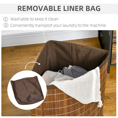 Bamboo Laundry Basket with Lid, 55 Litres Laundry Hamper with Removable Washable Lining, Corner Washing Baskets