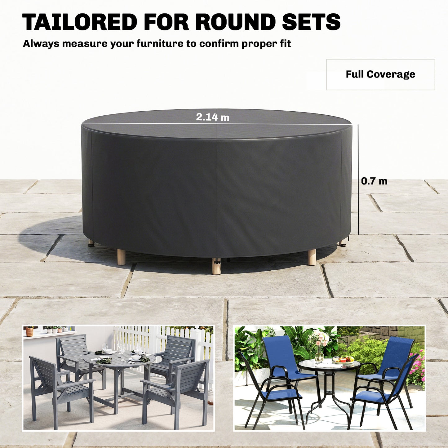 Round Garden Furniture Cover, Waterproof Garden Table Cover, 420D Heavy Duty Oxford for Outdoor, Dia.214 x 70 cm, Black