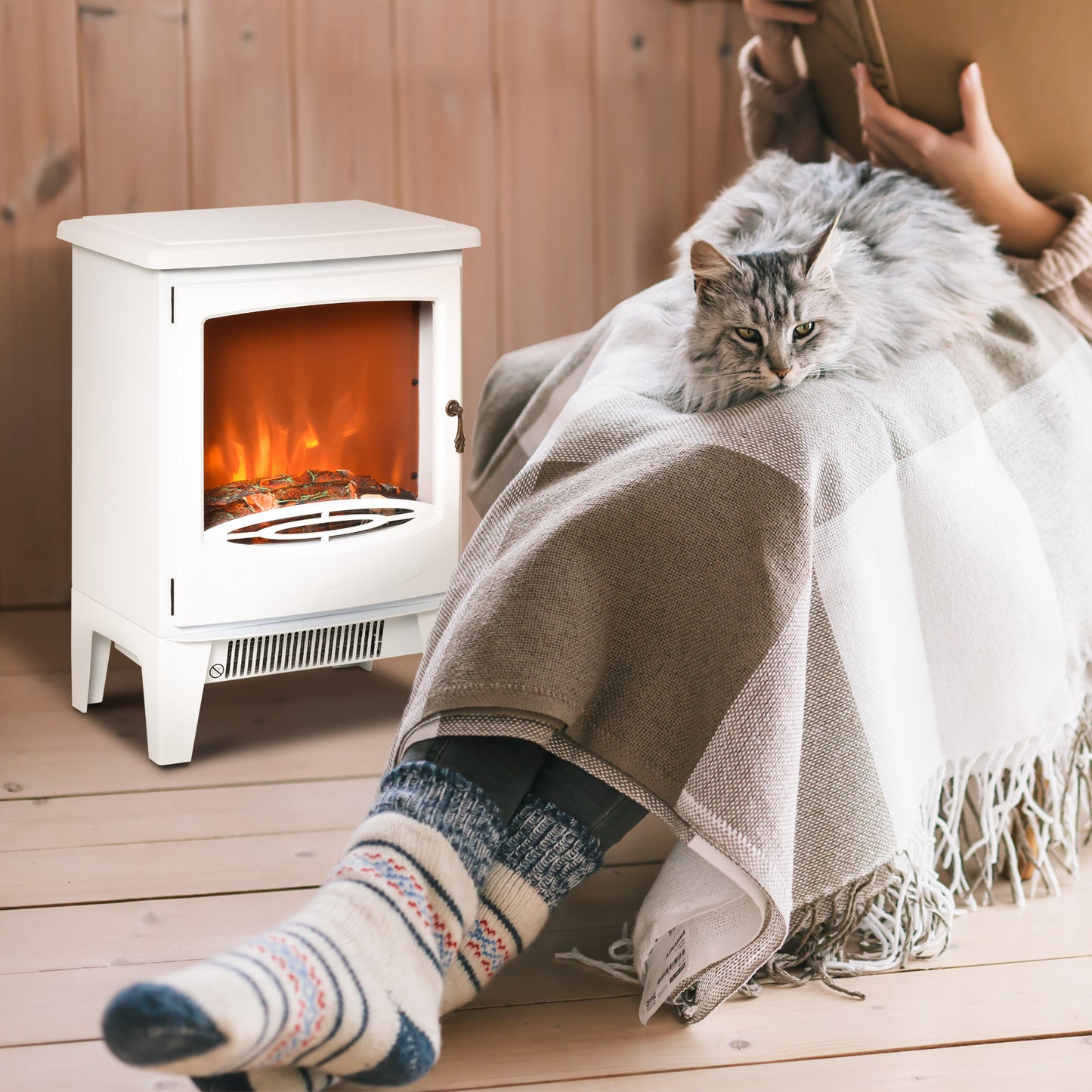 Electric Fireplace Stove, Free standing Fireplace Heater with Realistic LED Flame Effect and Adjustable Brightness