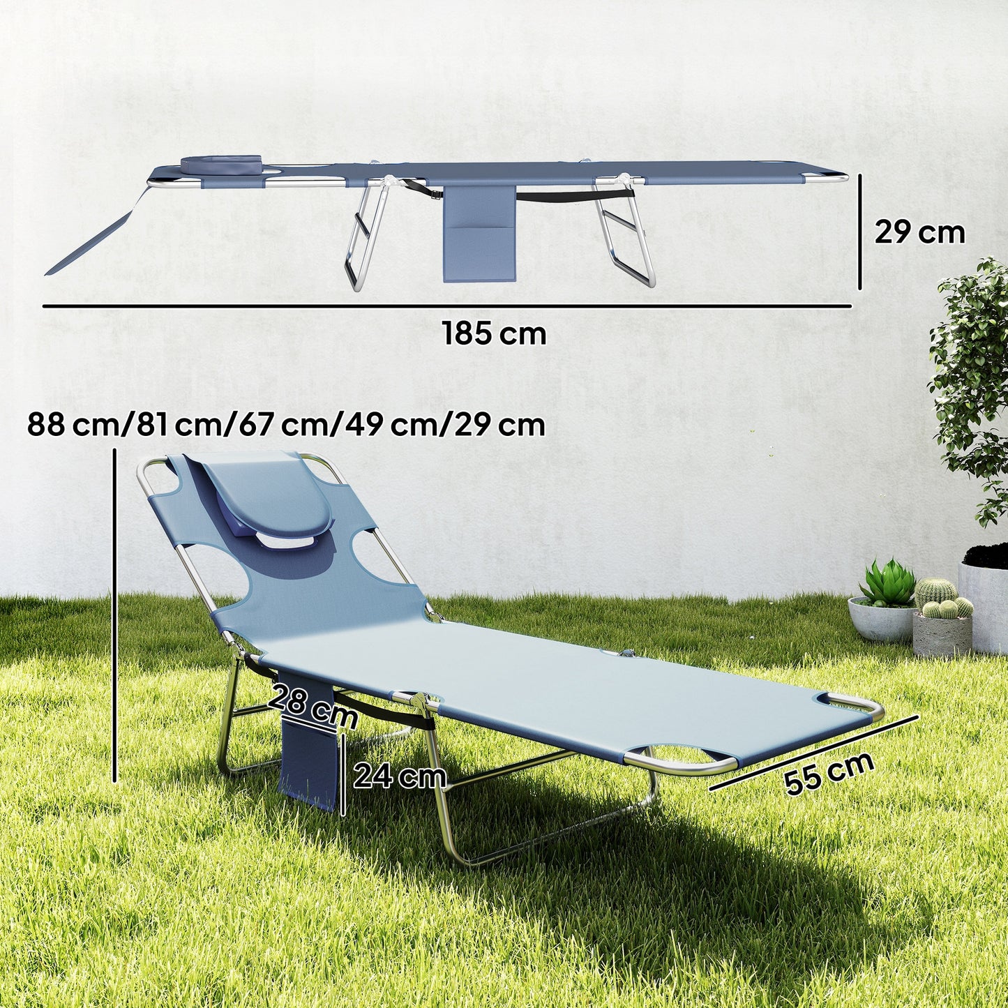 5-Position Adjustable Sun Lounger with Reading Hole and Side Pocket, Grey