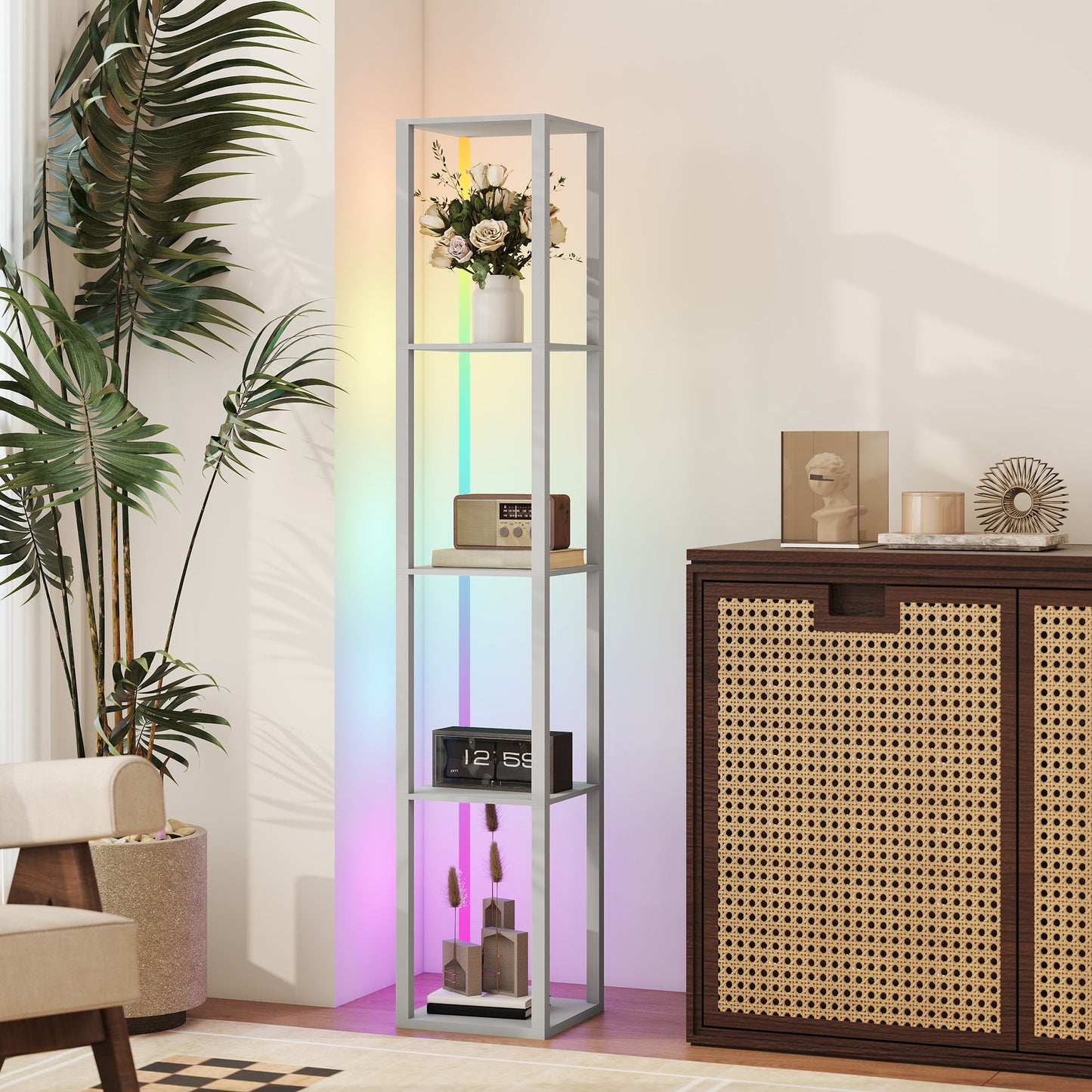 RGB LED Floor Lamp with Shelves, Modern Dimmable Standing Lamp with Remote Control