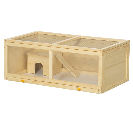 Wooden Hamster Cage with Sliding Tray, Openable Top, Hut for Syrian Hamster, Natural Wood Finish