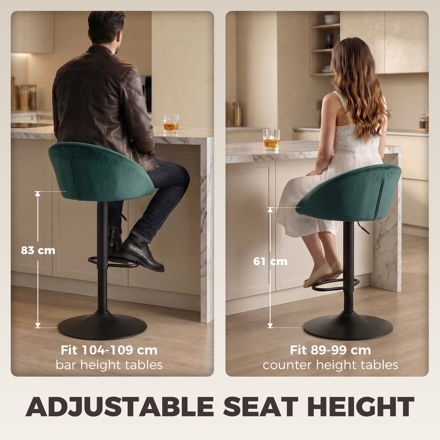 Bar Stools Set of 2 Adjustable Swivel Velvet Breakfast Bar Stools with Backrest, Dark Green