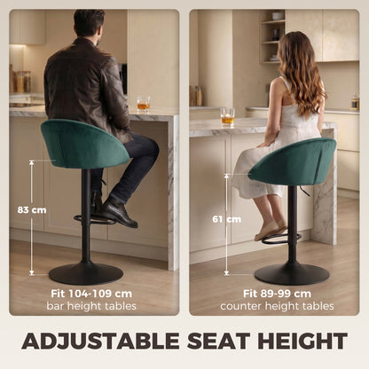 Bar Stools Set of 2 Adjustable Swivel Velvet Breakfast Bar Stools with Backrest, Dark Green