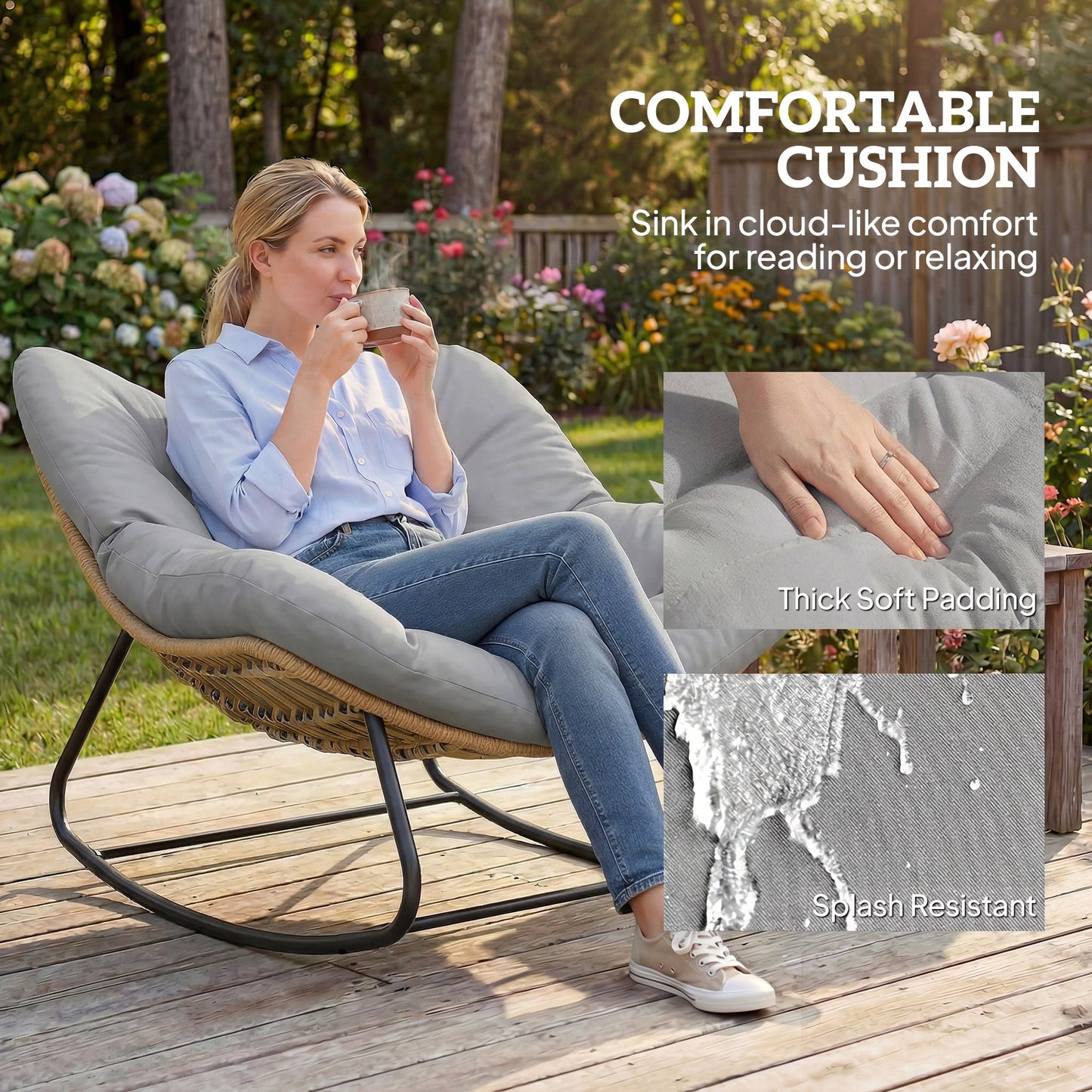 Indoor Outdoor Rocking Chair, Oversized Rocking Egg Chair with Cushion for Living Room, Garden, Patio, Light Grey