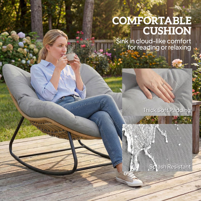 Indoor Outdoor Rocking Chair, Oversized Rocking Egg Chair with Cushion for Living Room, Garden, Patio, Light Grey