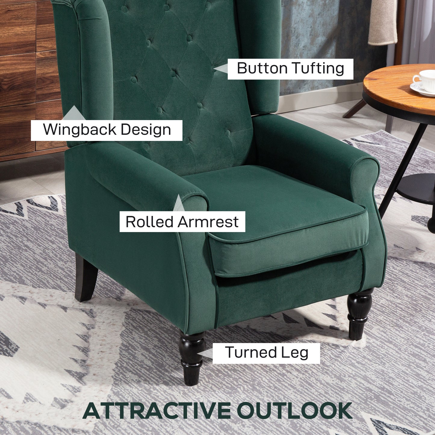 Wingback Accent Chair, Retro Upholstered Button Tufted Occasional Chair for Living Room and Bedroom, Green