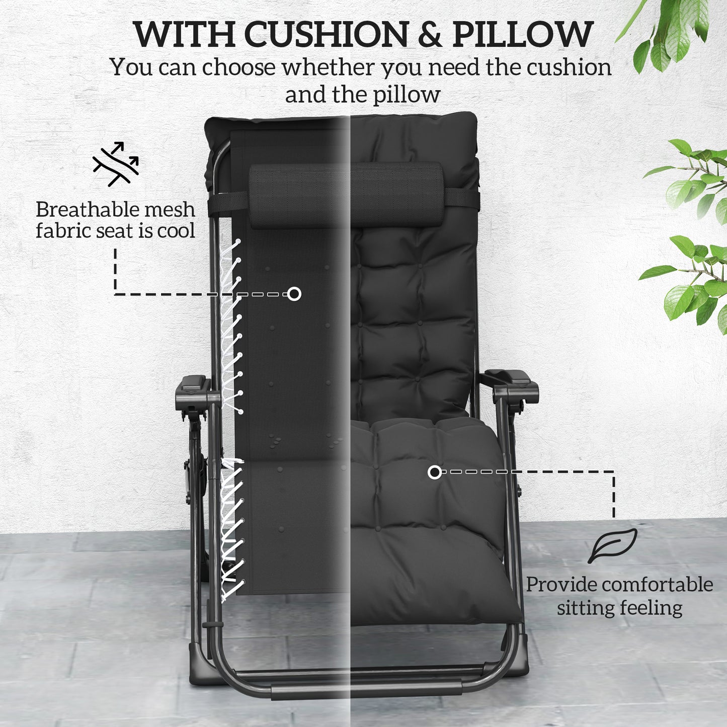 2 Piece Reclining Zero Gravity Sun Loungers with Cushions, Black