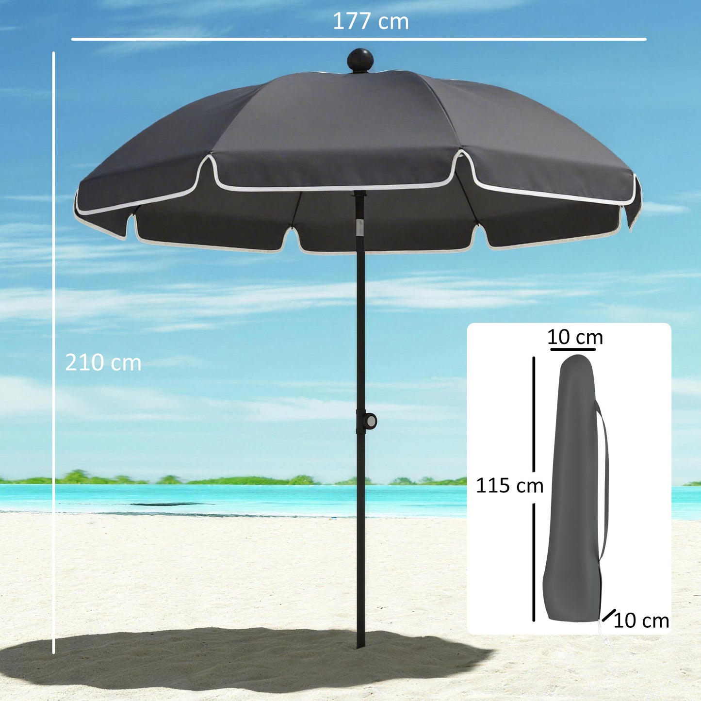 1.8 m Beach Umbrella Parasol with Sand Anchor, Portable 30° Tilting Patio Sun Shade with Adjustable Height, Dark Grey