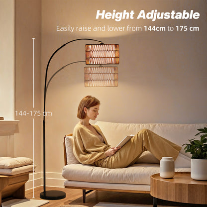 Rattan Floor Lamp for Living Room, Farmhouse Arc Standing Lamp with Dual-Layer Shade & Foot Switch
