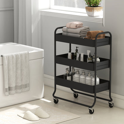 3-Tier Storage Trolley on Wheels, Rolling Utility Cart with Mesh Backets for Kitchen, Bathroom, Bedroom, Black