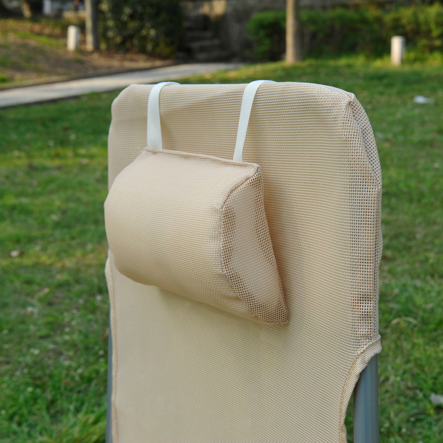 Folding Sun Lounger, Texteline Reclining Sun Bed with 5 Position Adjustable Backrest, Headrest, Beige