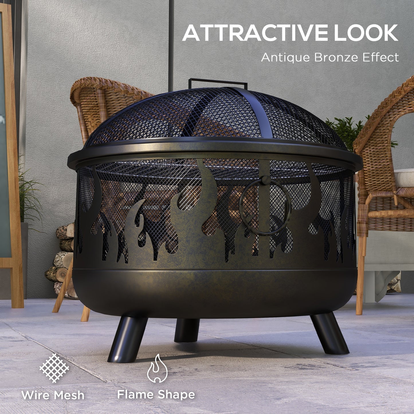 Steel Fire Pit BBQ, with Poker - Black