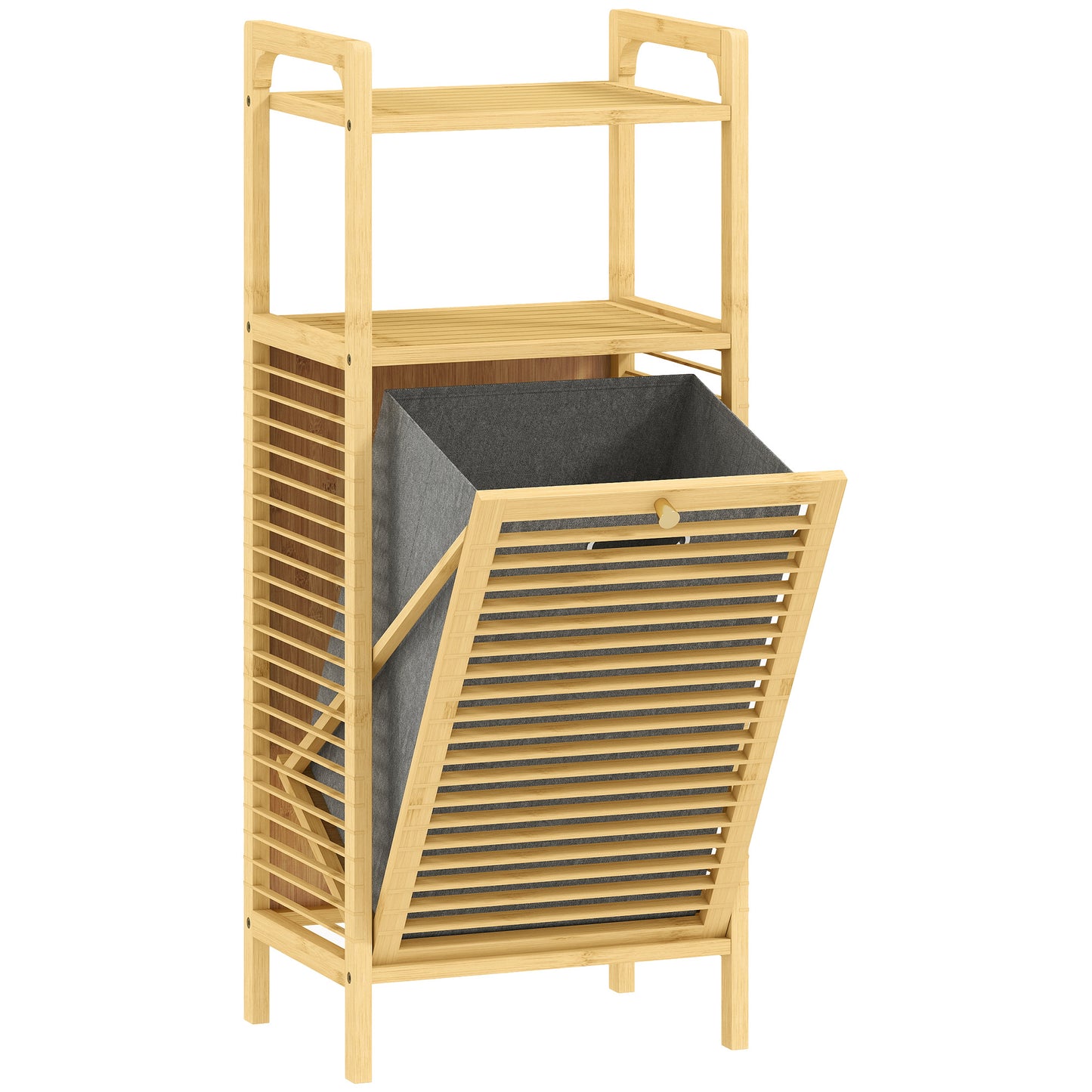 Bamboo Laundry Cabinet with Slatted Door, Bathroom Cabinet with Tilt-Out Hamper and Removable Liner Bag, 40 x 30D x 95 cm