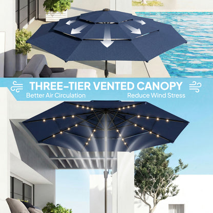 2.8 m Garden Parasol Umbrella with LED Solar Light, Parasol Cover, 3 Tier Outdoor Table Market Patio Umbrella, Navy Blue