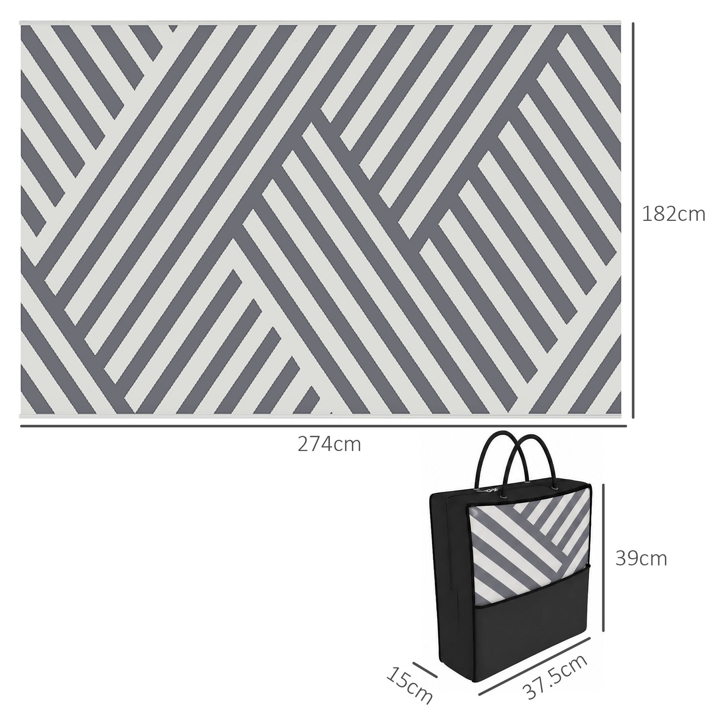 Plastic Straw Reversible RV Outdoor Rug with Carry Bag, 182 x 274cm, Grey and Cream