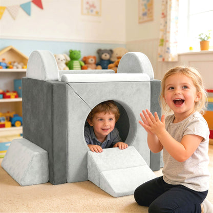 Kids Play Sofa, 12 Pieces Foam Modular Soft Play Set for Playroom, Children Convertible Sofa for Boys and Girls, Grey