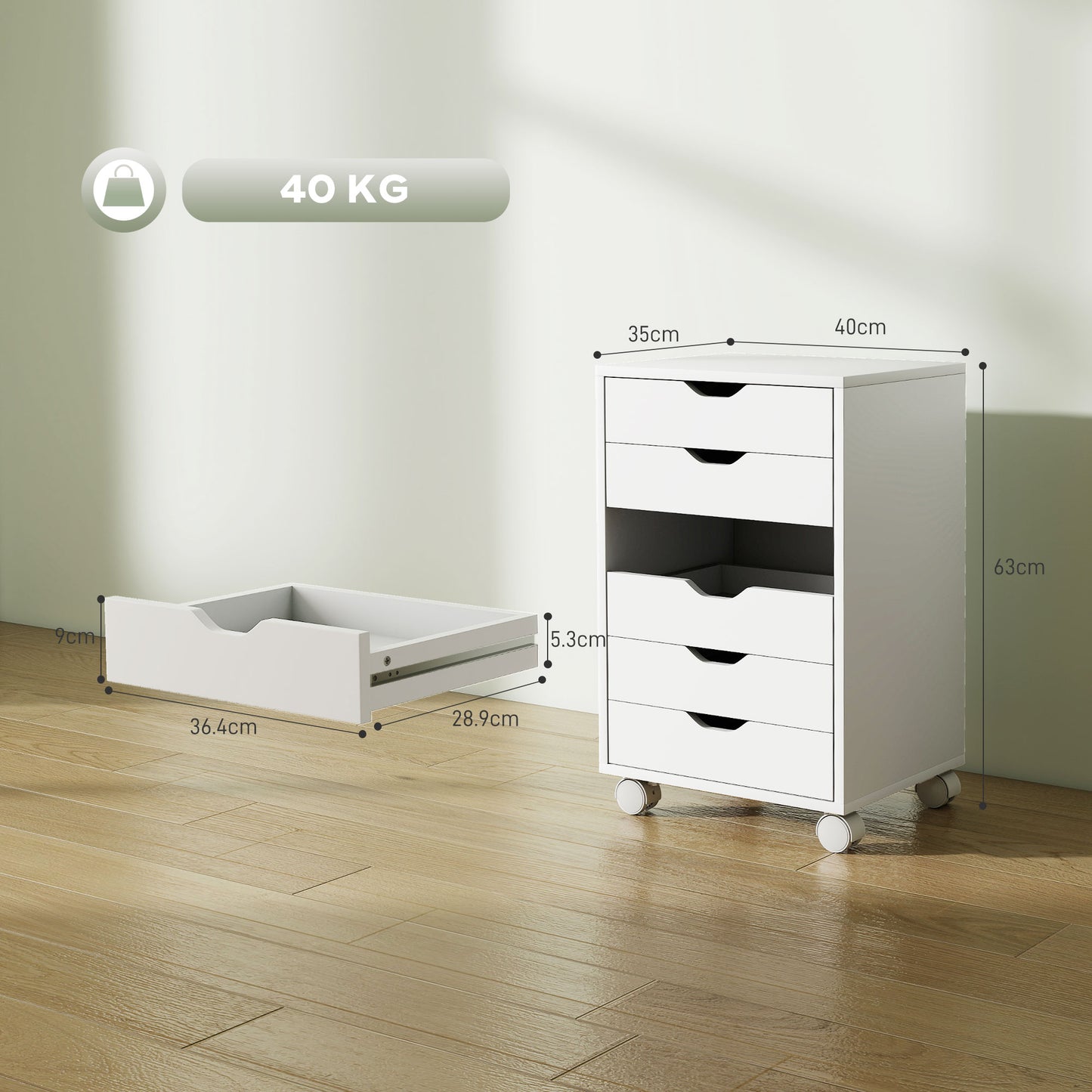 6 Drawer Vertical File Cabinet, Mobile Filing Cabinet with Quiet Drawers and Wheels with 2 Brakes, White