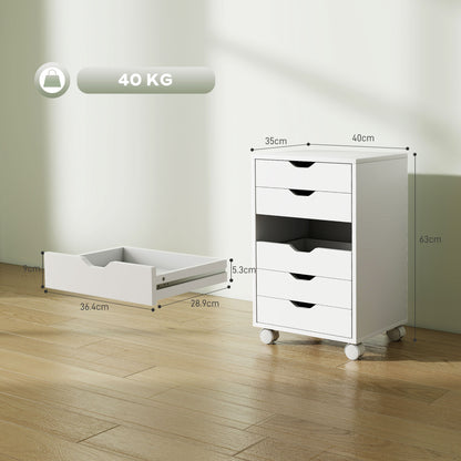 6 Drawer Vertical File Cabinet, Mobile Filing Cabinet with Quiet Drawers and Wheels with 2 Brakes, White