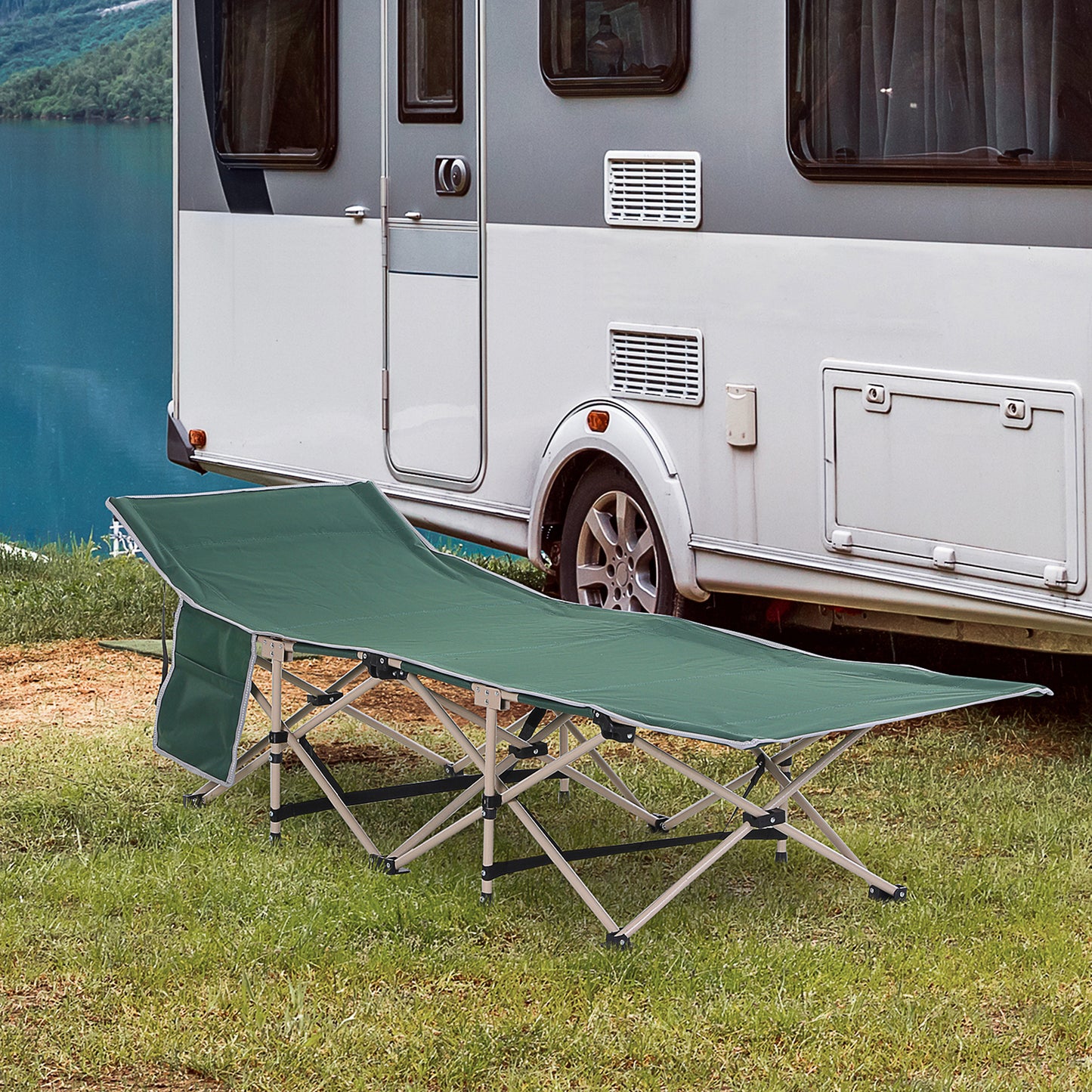 Single Person Camping Bed Folding Cot Outdoor Patio Portable Military Sleeping Bed Travel Guest Leisure Fishing with Side Poc