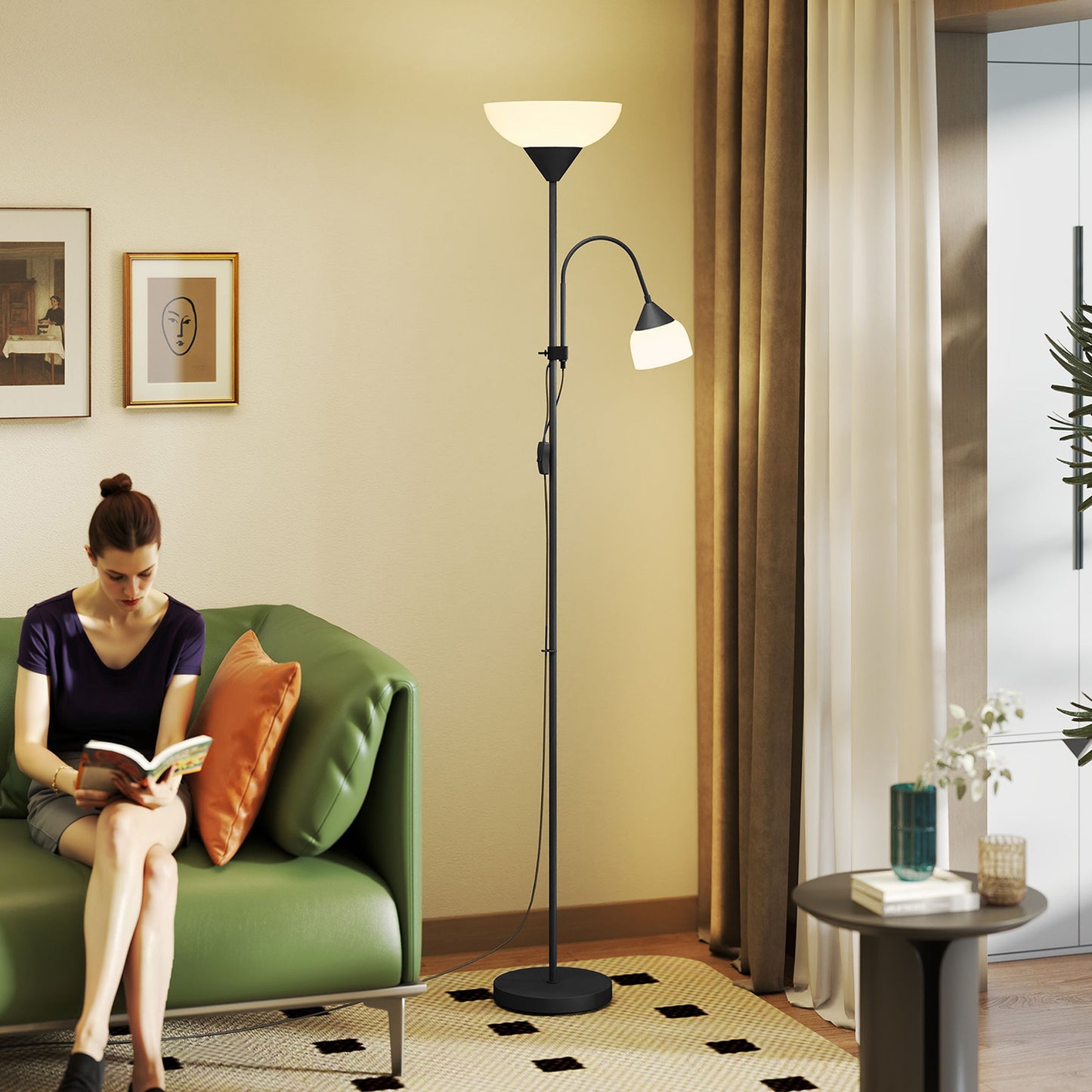 LED Floor Lamp for Living Room, 180cm Tall Standing Lamp, Mother and Child Uplighter with Adjustable Gooseneck, Black