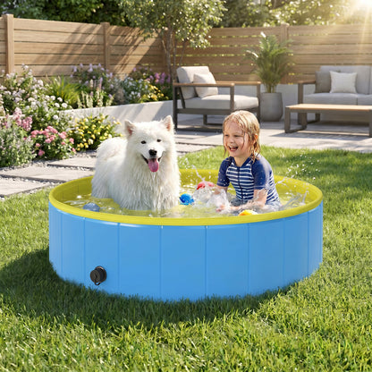 Foldable Dog Pool for Puppies and Ducks Dog Paddling Pool Bath Tub, Blue, 120 x 30cm