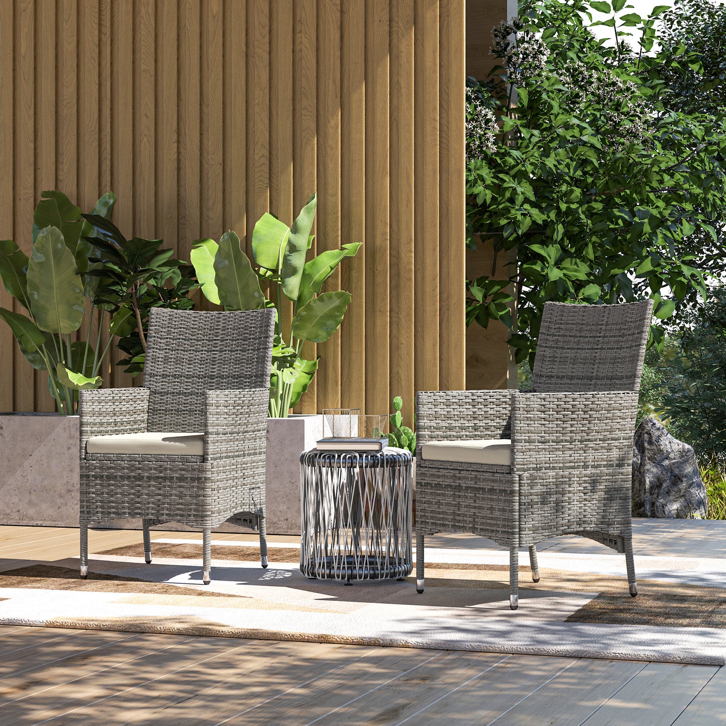 2 Pieces Rattan Garden Chairs Dining Chair Set with Cushion, Mixed Grey