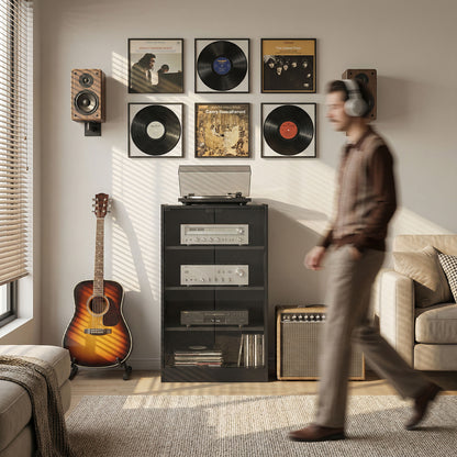 4-Tier Hi-Fi Stand, Record Player Stand with Adjustable Shelves and Push-to-Open Glass Doors, Black Wood-Effect
