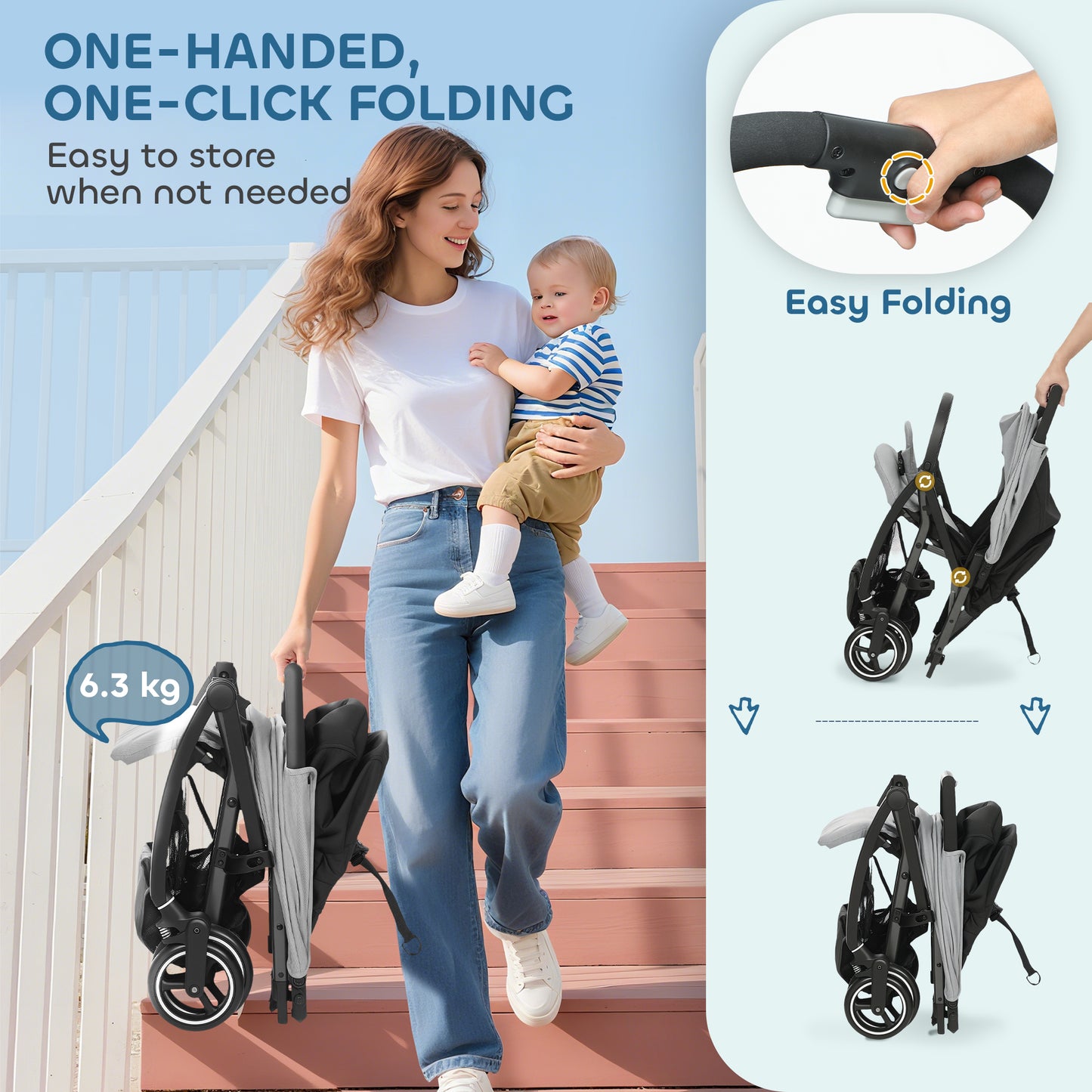 Travel Stroller, Lightweight Pushchair, Compact Buggy with Canopy, Basket and Multi-Position Recline, Light Grey