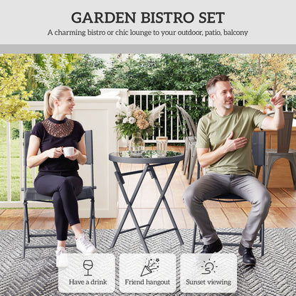 3 Pieces Outdoor Bistro Set, Glass Top Outdoor Table and 2 Folding Chairs with Protecting Feet, Black