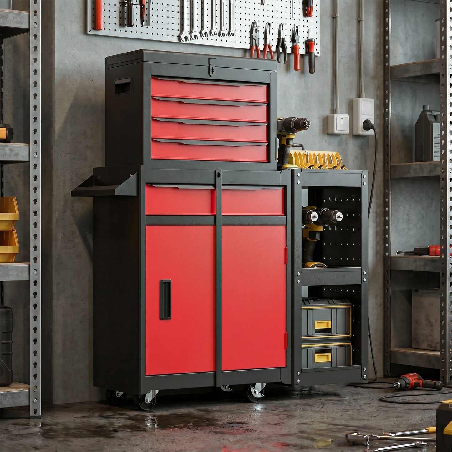 Tool Chest, Mobile Modular Tool Box with 5 Drawers, Side Rack, Pegboard, Lock, Tool Cabinet for Garage Workshop, Red