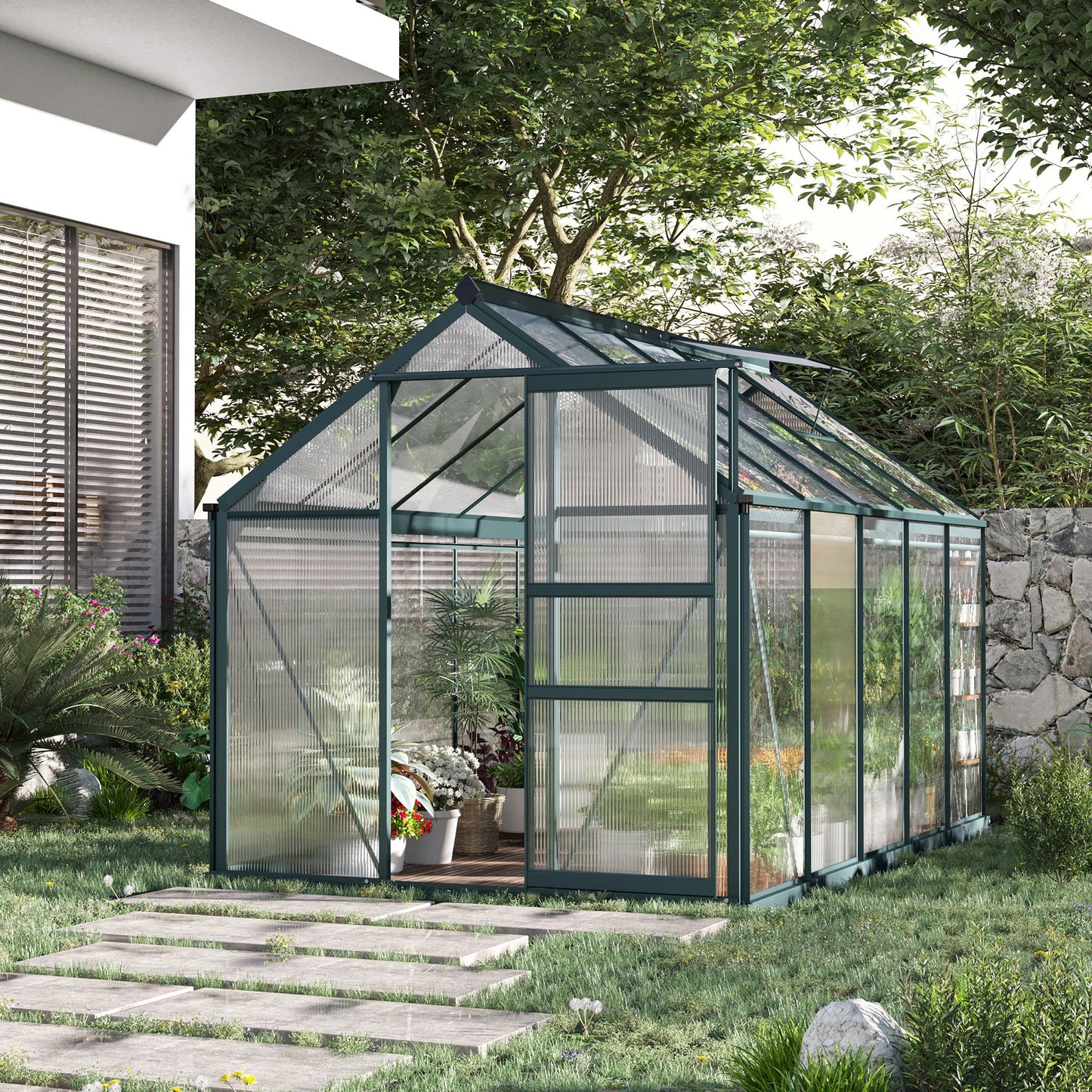 6 x 10ft Polycarbonate Greenhouse, Large Walk-In Green House with Slide Door and Window