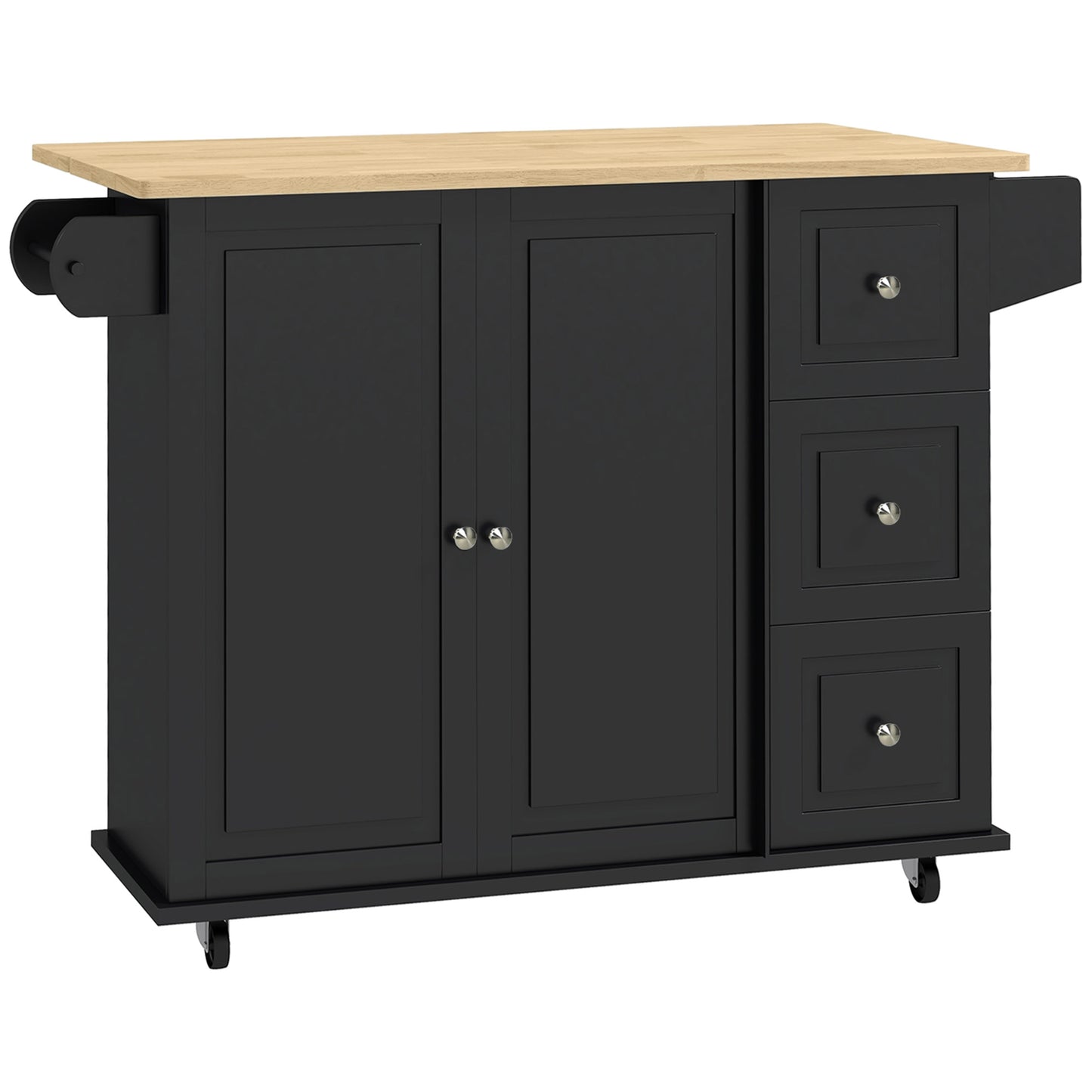 Kitchen Island with Drop Leaf, Rolling Kitchen Storage Trolley on Wheels with 3 Drawers, Black