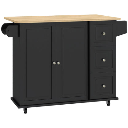 Kitchen Island with Drop Leaf, Rolling Kitchen Storage Trolley on Wheels with 3 Drawers, Black