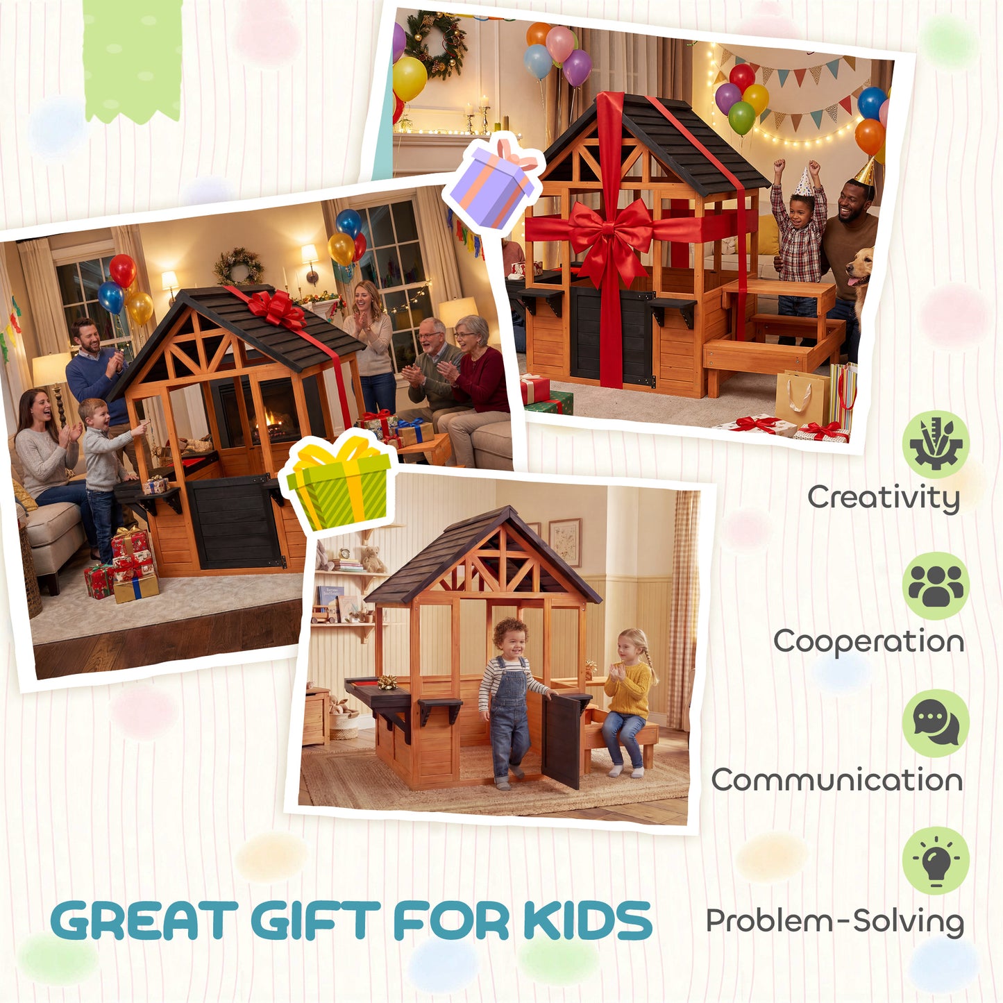 Wooden Playhouse Playhouse for Kids with Table, Benches, Sink Table, Windows, Flowerpot Holders, for Ages 3-8, Brown