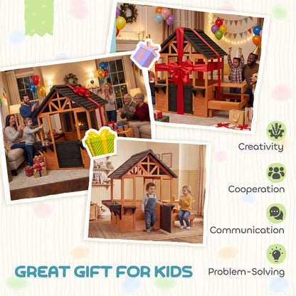Wooden Playhouse Playhouse for Kids with Table, Benches, Sink Table, Windows, Flowerpot Holders, for Ages 3-8, Brown