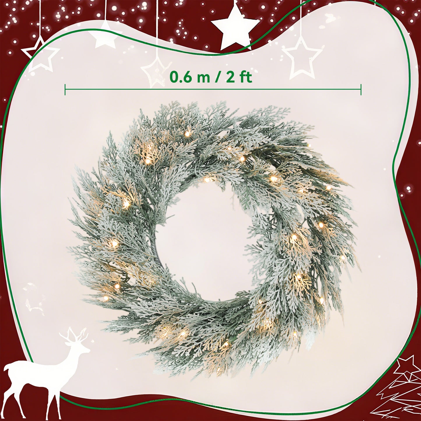 60cm/ 24inch Flocked Prelit Christmas Wreath