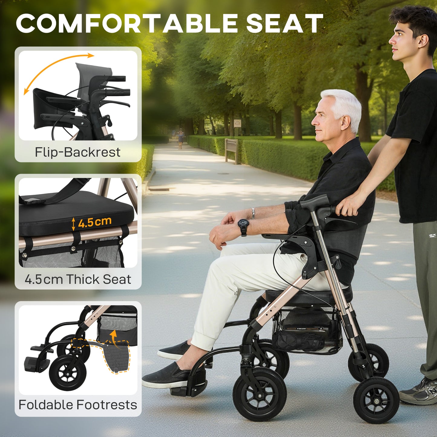 Rollator Walker Wheelchair, with Seat - Black