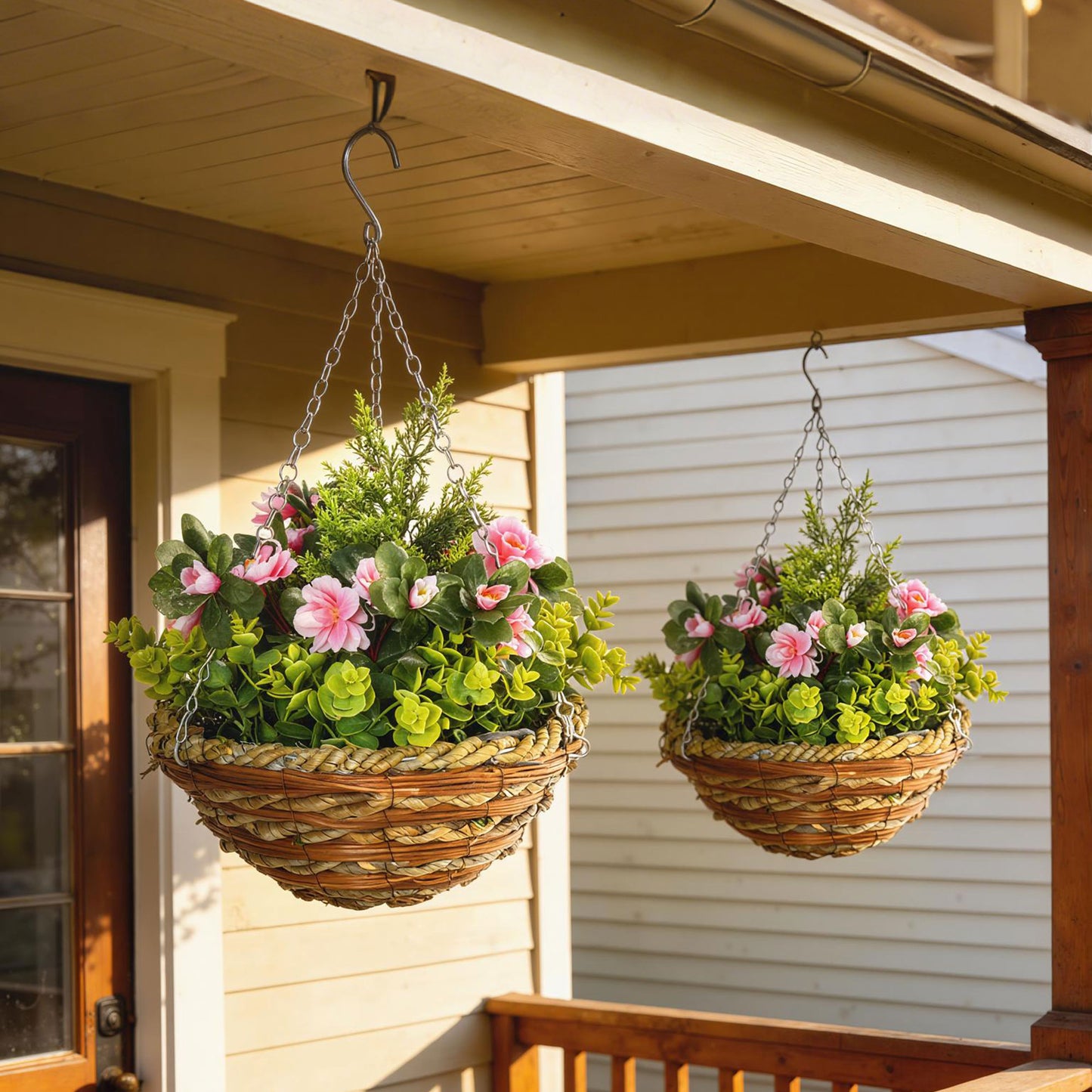 Set of Two Hanging Lisianthus Flower Pots - Pink/Green