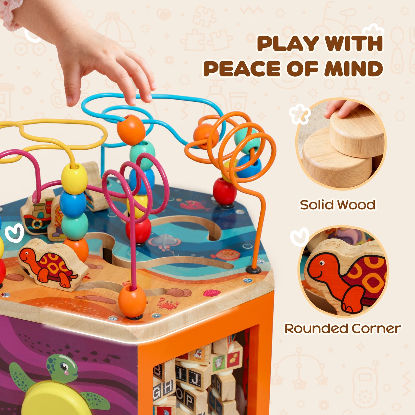 Wooden Activity Cube, Baby Toys with Bead Maze, Pattern Sorter for Toddlers Boys and Girls 18+ Months