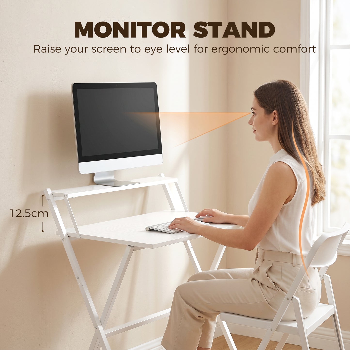 70 cm Folding Computer Desk with Monitor Shelf - White