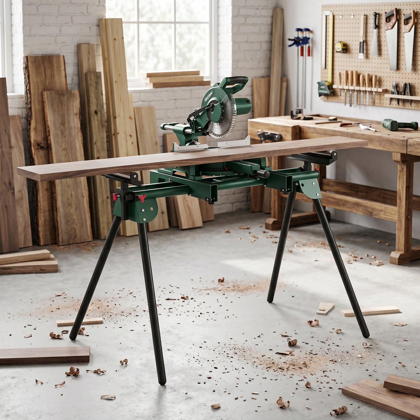 Universal Mitre Saw Stand with Adjustable Rollers and Support Arms, Portable Miter Saw Stand with Folding Legs