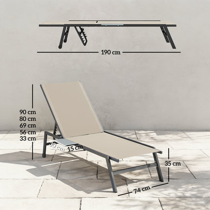 Sun Loungers Set of 2 with Side Tray Table, Garden Recliners with 5-Position Adjustable Backrest, 2 Wheels, Khaki