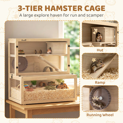 Wooden Hamster Cage with Hut, Wheel, Ramps, Removable Viewing Panels, 80 x 50 x 84 cm, Natural