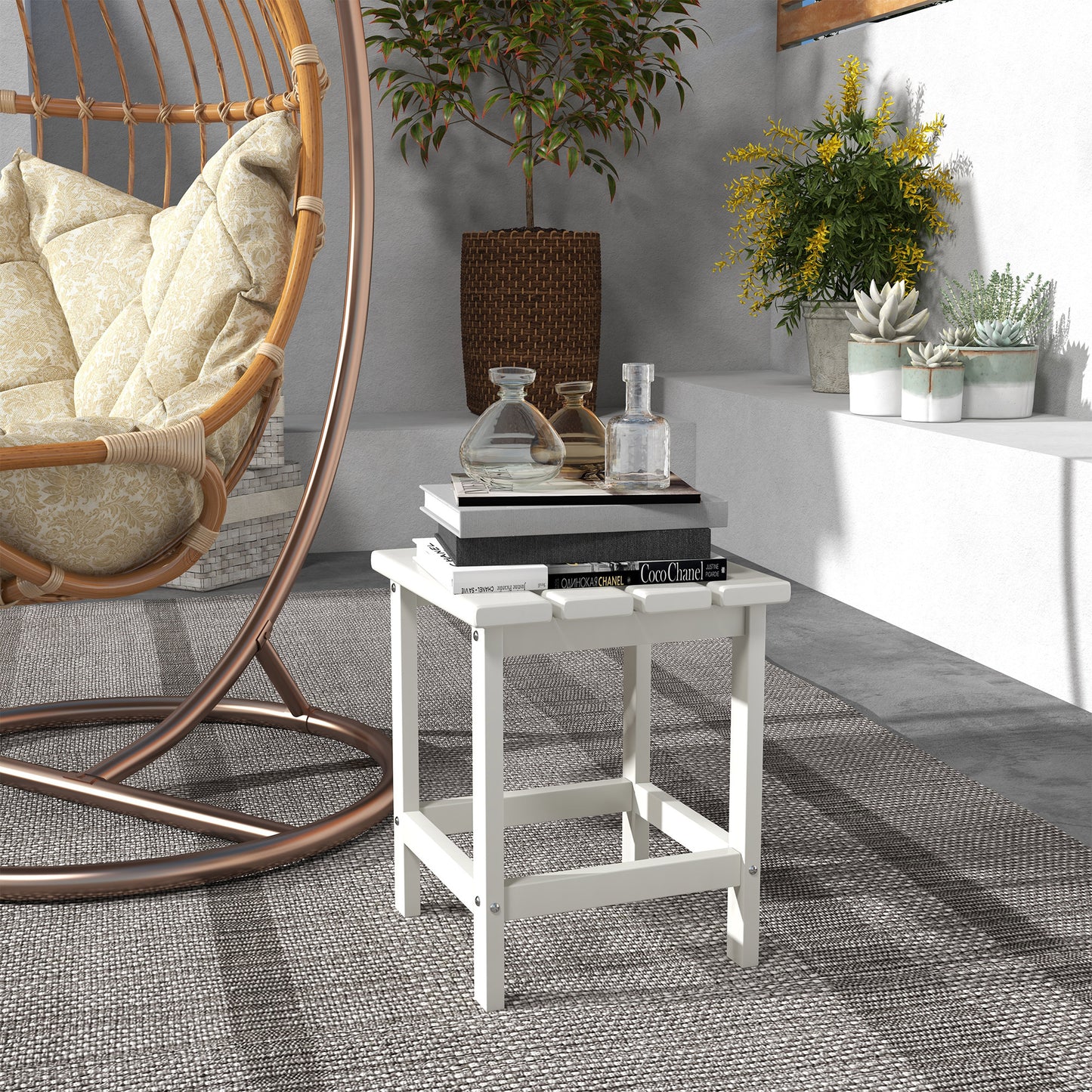 Square Coffee Table, HDPE Tabletop and Frame for Porch, Garden, Side Table, 38 x 38 x 46 cm, White