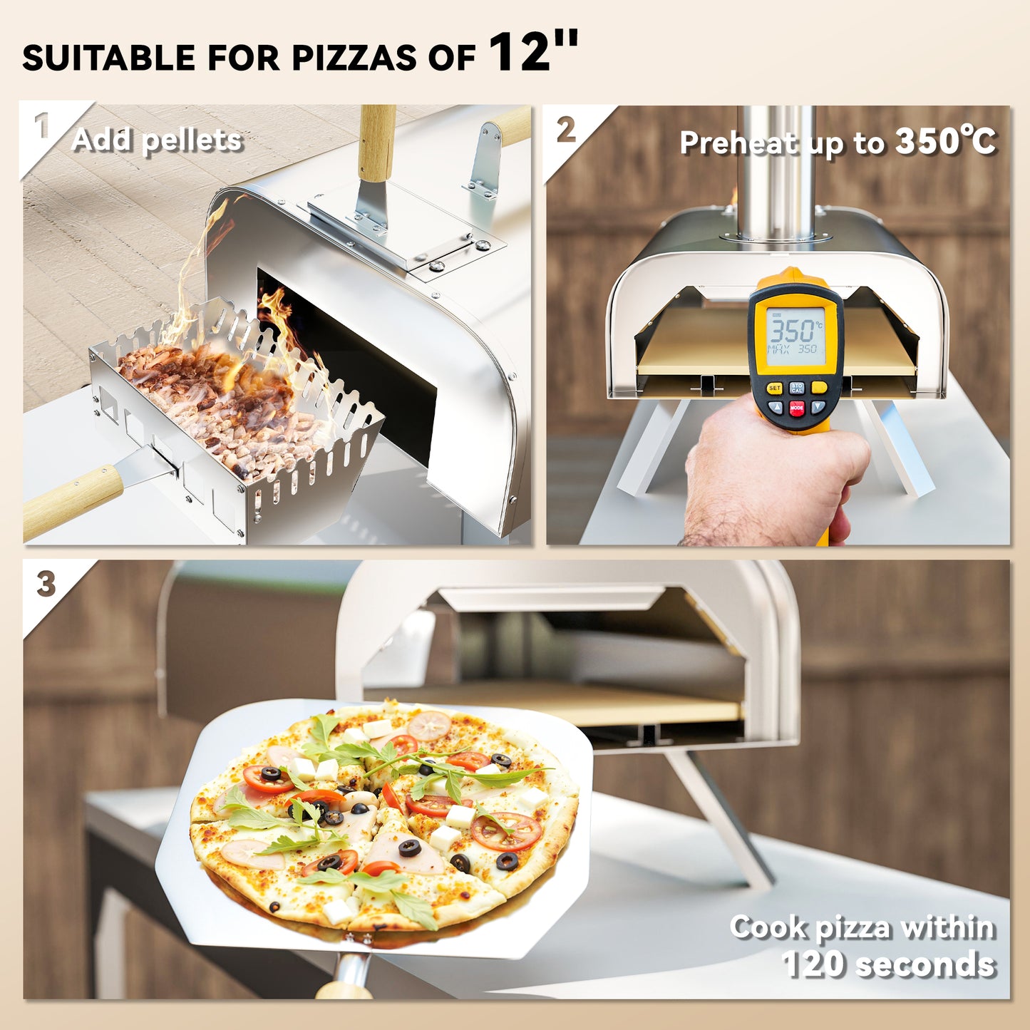 Outdoor Pizza Oven, Portable Wood Pellet Pizza Oven with Pizza Stone and Peel, Foldable Legs, Chimney