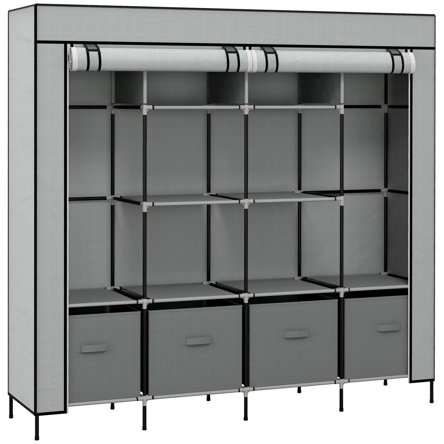 Fabric Wardrobe for Bedroom, Portable Cloth Wardrobe with 10 Compartments, 2 Hanging Rails and 4 Fabric Drawers